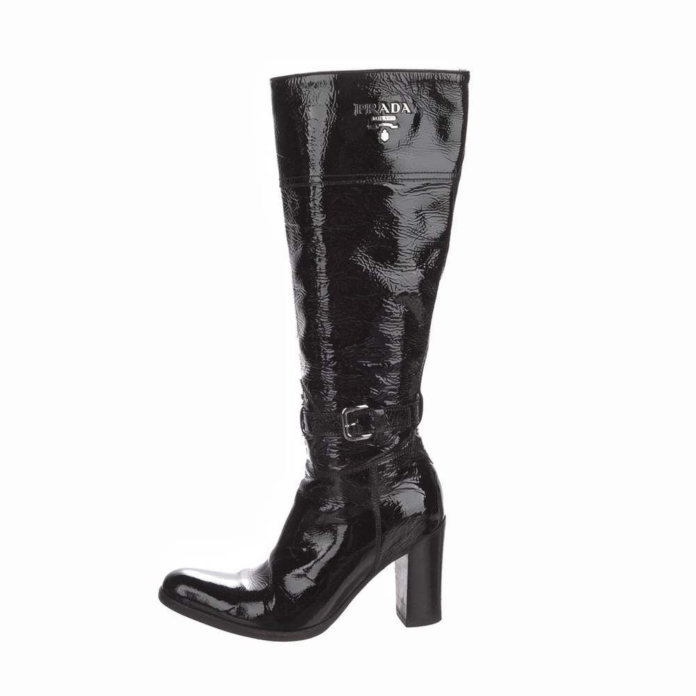 Authentic PRADA Patent Leather Knee-High Sexy Shiny Boots Size 37 / 6.5 / 7